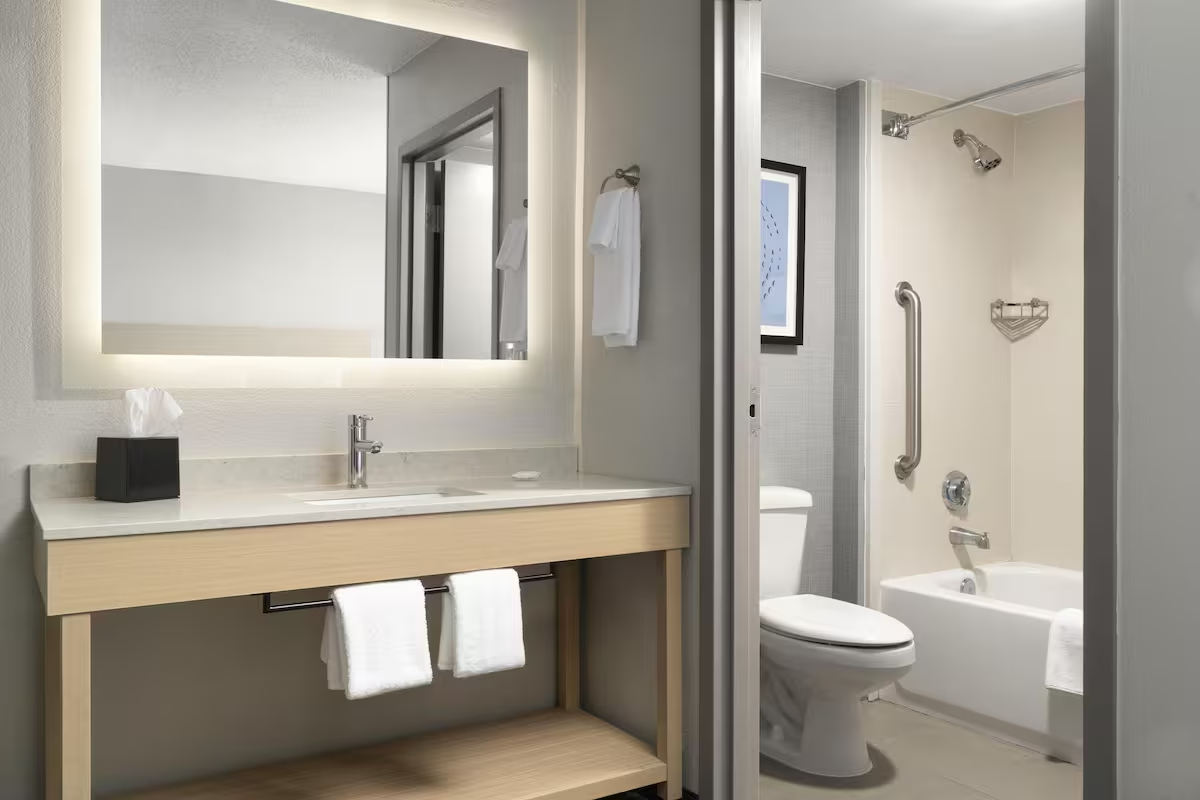 Baignoire-douche combin&eacute;e, articles de toilette de marque, s&egrave;che-cheveux, serviettes